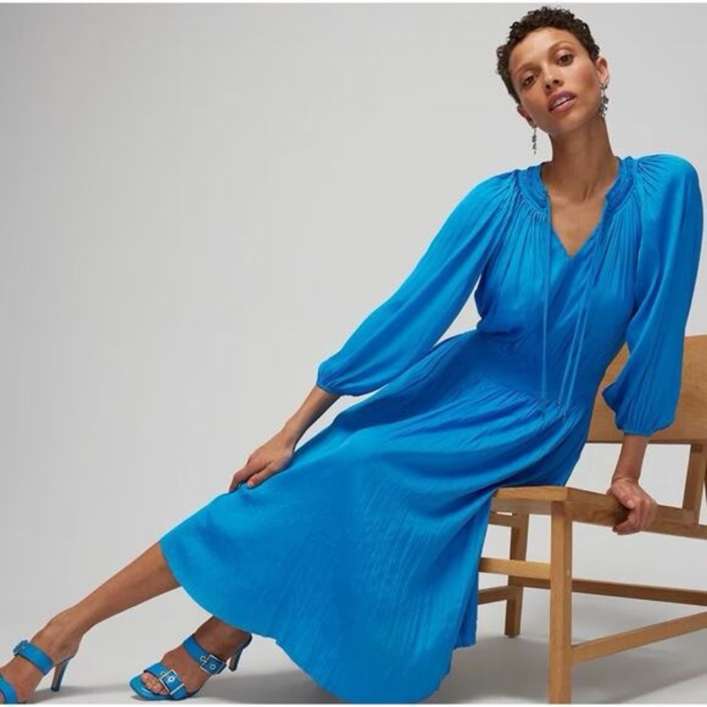 White House Black Market Isla Blue Midi Dress Smocked Pleated Size Small BNWT